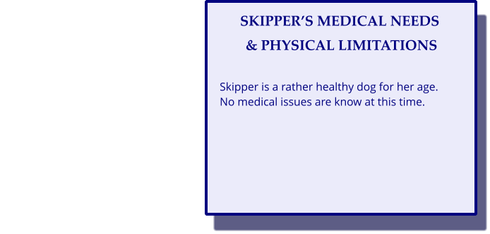 SKIPPER’S MEDICAL NEEDS                                                                      & PHYSICAL LIMITATIONS  Skipper is a rather healthy dog for her age. No medical issues are know at this time.