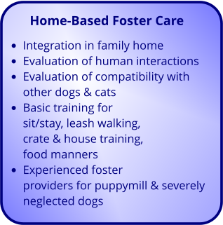 Home-Based Foster Care  •	Integration in family home •	Evaluation of human interactions •	Evaluation of compatibility with other dogs & cats  •	Basic training for sit/stay, leash walking, crate & house training, food manners •	Experienced foster providers for puppymill & severely neglected dogs