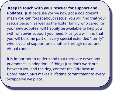 Keep in touch with your rescuer for support and updates.  Just because you've now got a dog doesn't mean you can forget about rescue. You will find that your rescue person, as well as the foster family who cared for your new adoptee, will happily be available to help you with whatever support you need. Plus, you will find that you will become part of a very special extended “family”, who love and support one another through direct and  virtual contact.  It is important to understand that there are never any guarantees in adoption.  If things just don’t work out between you and the dog, contact the SRN Rescue Coordinator. SRN makes a lifetime commitment to every Schipperke we place.