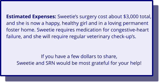 Estimated Expenses: Sweetie’s surgery cost about $3,000 total, and she is now a happy, healthy girl and in a loving permanent foster home. Sweetie requires medication for congestive-heart failure, and she will require regular veterinary check-up’s.   If you have a few dollars to share, Sweetie and SRN would be most grateful for your help!